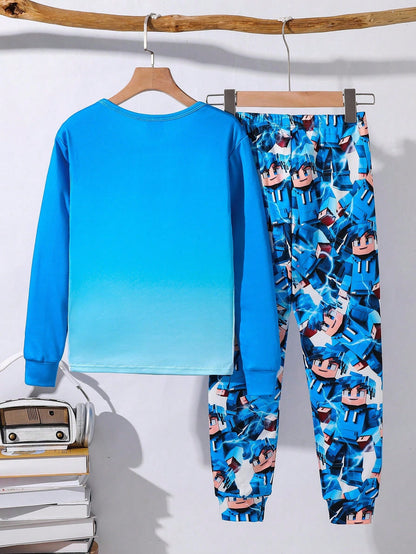 Tween Boy Snug Fit Colorblock Building Block Mission Green Dinosaur Pattern Crew Neck Long Sleeve Pants Casual Comfortable Home Sleepwear Tight Fit 2-Piece Set