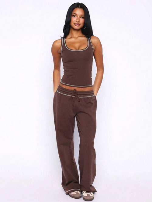 Two Pieces Set Summer Women's Solid Color Fashion Activewear Set Sports Tank Top With High-Waisted Drawstring Straight-Leg Pants Two Pieces Set