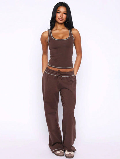 Two Pieces Set Summer Women's Solid Color Fashion Activewear Set Sports Tank Top With High-Waisted Drawstring Straight-Leg Pants Two Pieces Set