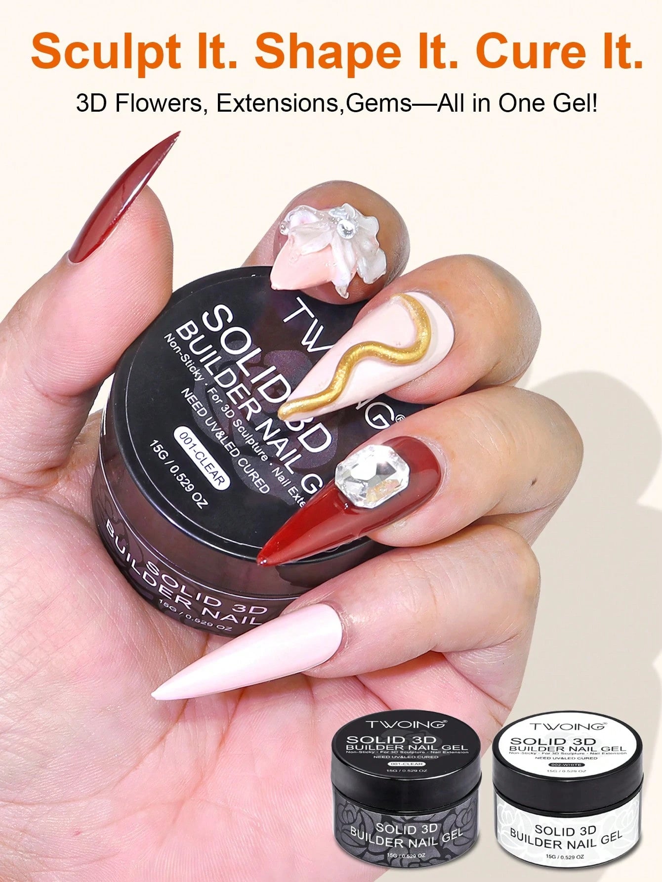 TWOING 3D Nail Art Modeling Gel- Sculpting & Molding Gel For DIY Nail Designs, Perfect For Painting, 3D Decorations & Halloween Nail Art, UV LED Curing Architectural Gel Nail Extension,Non-Sticky Han