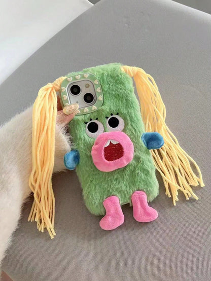 Ugly Cute Funny Novelty Green Plush Monster DIY Braid Expression Phone Case Compatible With Apple 11/12/13/14/15/16/17 Pro/Pro Max Shock-Proof Protection Birthday Gift Spring