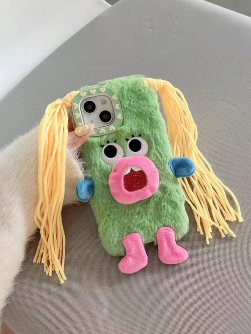 Ugly Cute Funny Novelty Green Plush Monster DIY Braid Expression Phone Case Compatible With Apple 11/12/13/14/15/16/17 Pro/Pro Max Shock-Proof Protection Birthday Gift Spring