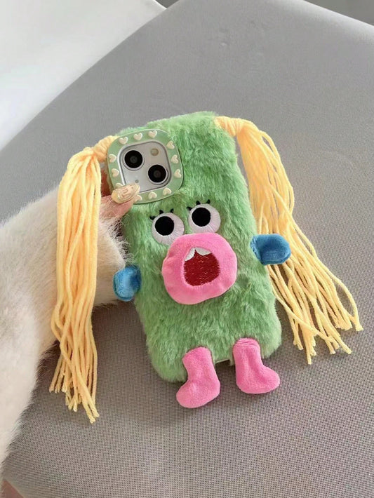 Ugly Cute Funny Novelty Green Plush Monster DIY Braid Expression Phone Case Compatible With Apple 11/12/13/14/15/16/17 Pro/Pro Max Shock-Proof Protection Birthday Gift Spring