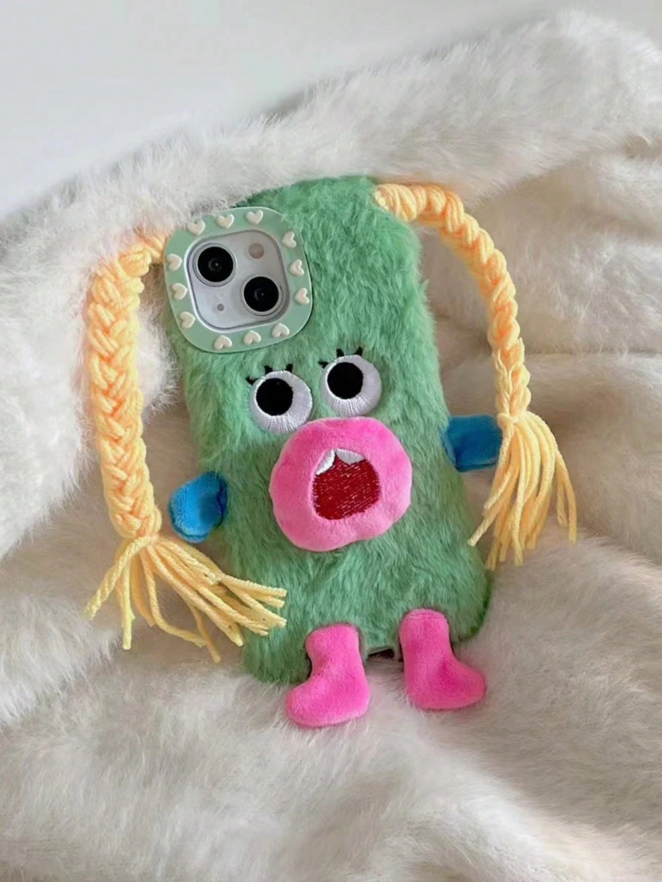 Ugly Cute Funny Novelty Green Plush Monster DIY Braid Expression Phone Case Compatible With Apple 11/12/13/14/15/16/17 Pro/Pro Max Shock-Proof Protection Birthday Gift Spring