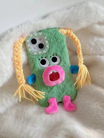 Ugly Cute Funny Novelty Green Plush Monster DIY Braid Expression Phone Case Compatible With Apple 11/12/13/14/15/16/17 Pro/Pro Max Shock-Proof Protection Birthday Gift Spring
