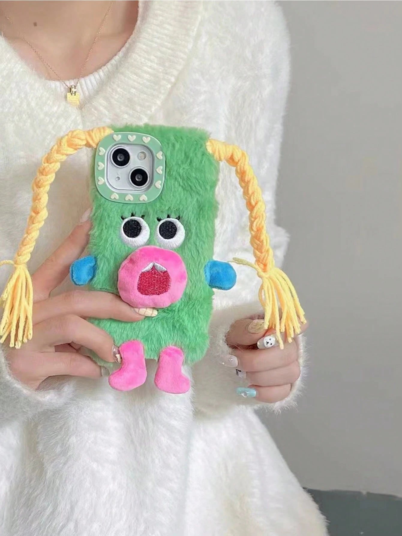 Ugly Cute Funny Novelty Green Plush Monster DIY Braid Expression Phone Case Compatible With Apple 11/12/13/14/15/16/17 Pro/Pro Max Shock-Proof Protection Birthday Gift Spring