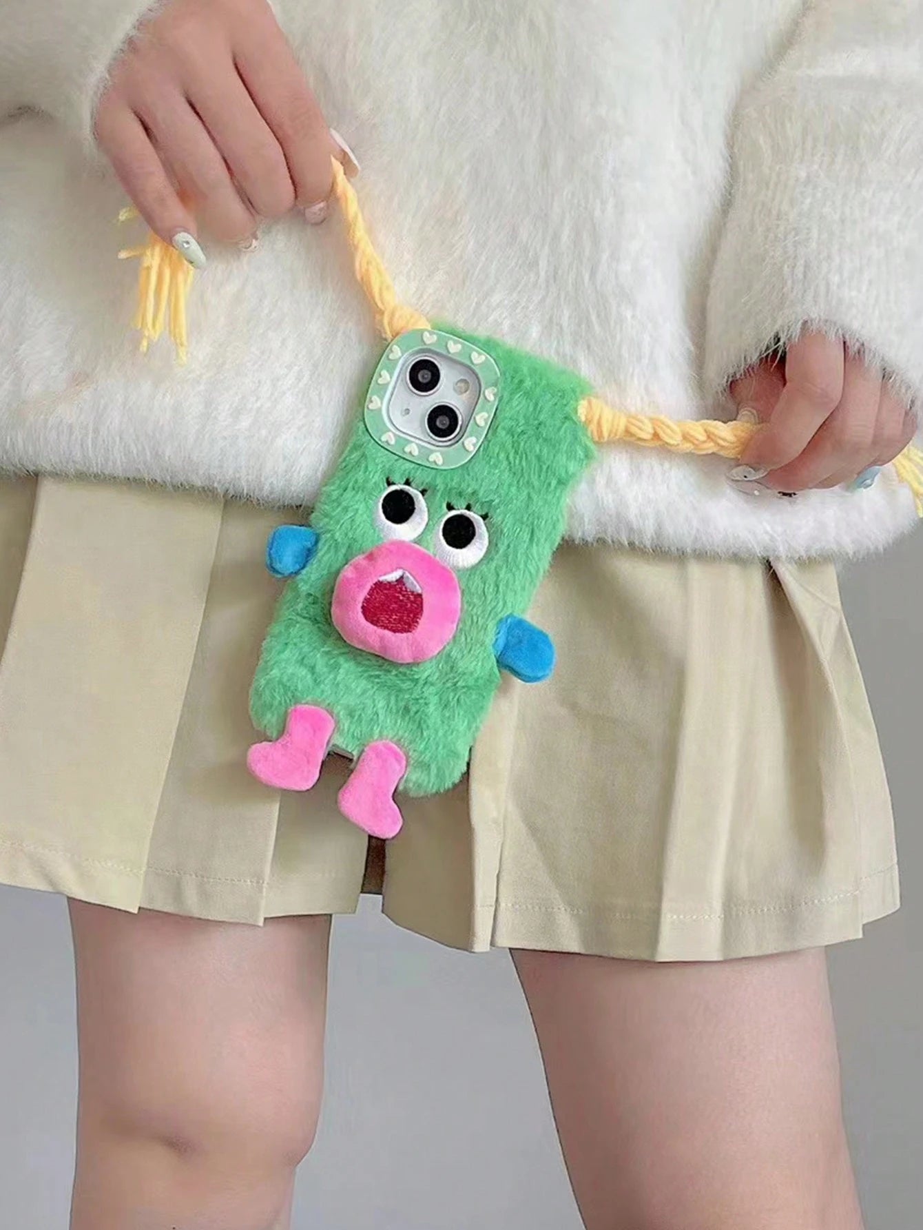 Ugly Cute Funny Novelty Green Plush Monster DIY Braid Expression Phone Case Compatible With Apple 11/12/13/14/15/16/17 Pro/Pro Max Shock-Proof Protection Birthday Gift Spring