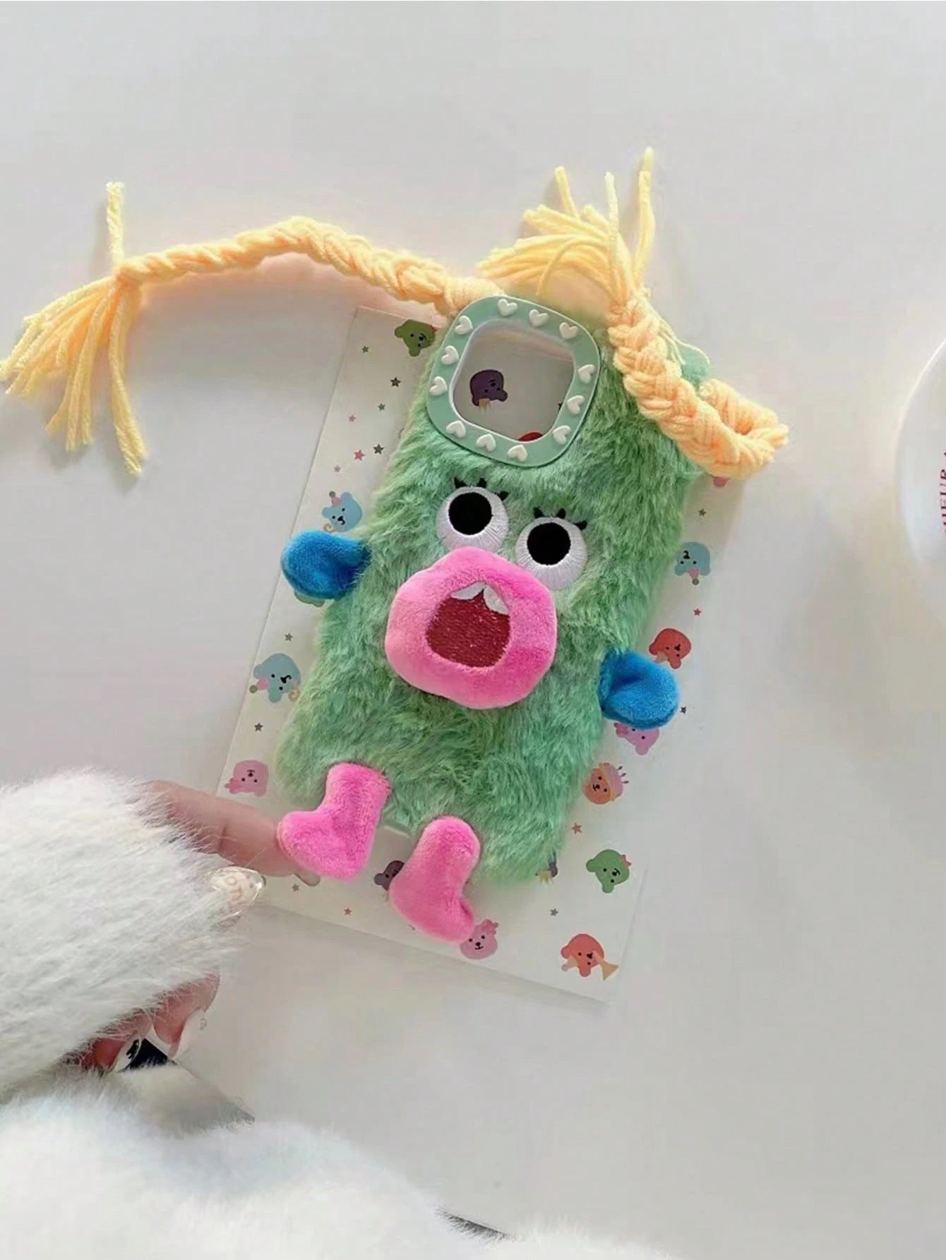 Ugly Cute Funny Novelty Green Plush Monster DIY Braid Expression Phone Case Compatible With Apple 11/12/13/14/15/16/17 Pro/Pro Max Shock-Proof Protection Birthday Gift Spring