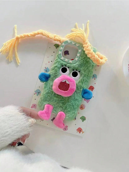 Ugly Cute Funny Novelty Green Plush Monster DIY Braid Expression Phone Case Compatible With Apple 11/12/13/14/15/16/17 Pro/Pro Max Shock-Proof Protection Birthday Gift Spring
