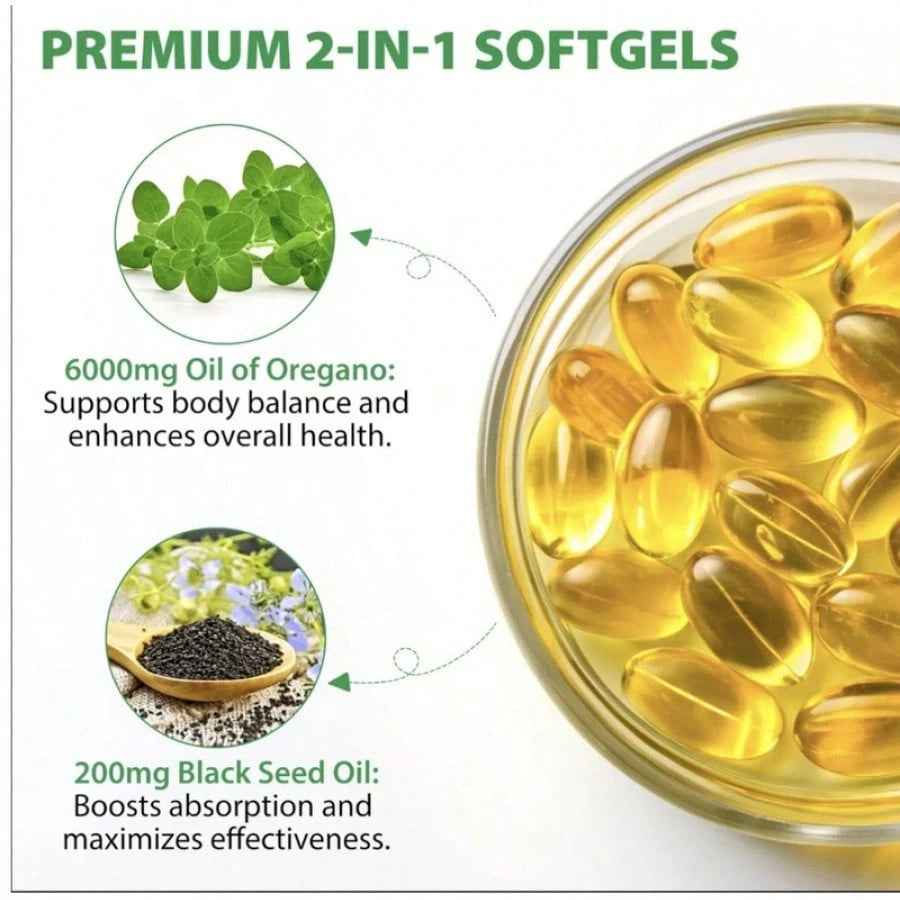 UK Strongest Oregano Oil 6000mg 300 Softgel Capsules With Black Seed Oil