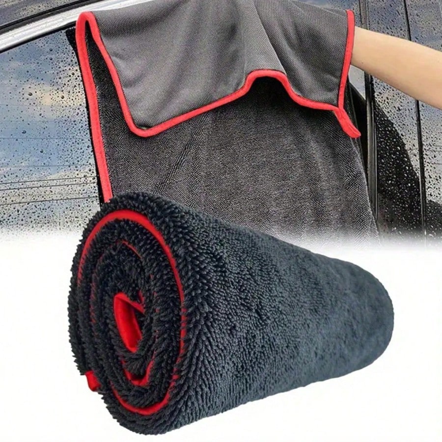 Ultra-Absorbent Microfiber Car Cleaning Cloth With Red Trim- Scratch-Resistant Paint Protection, Quick Drying Streak-Free Towel, Compact Roll-Up Design For Auto Detailing & Hygiene
