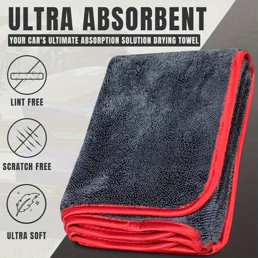 Ultra-Absorbent Microfiber Car Cleaning Cloth With Red Trim- Scratch-Resistant Paint Protection, Quick Drying Streak-Free Towel, Compact Roll-Up Design For Auto Detailing & Hygiene