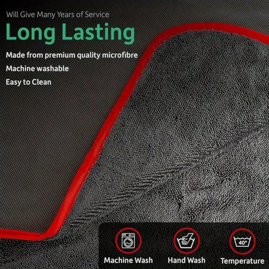 Ultra-Absorbent Microfiber Car Cleaning Cloth With Red Trim- Scratch-Resistant Paint Protection, Quick Drying Streak-Free Towel, Compact Roll-Up Design For Auto Detailing & Hygiene