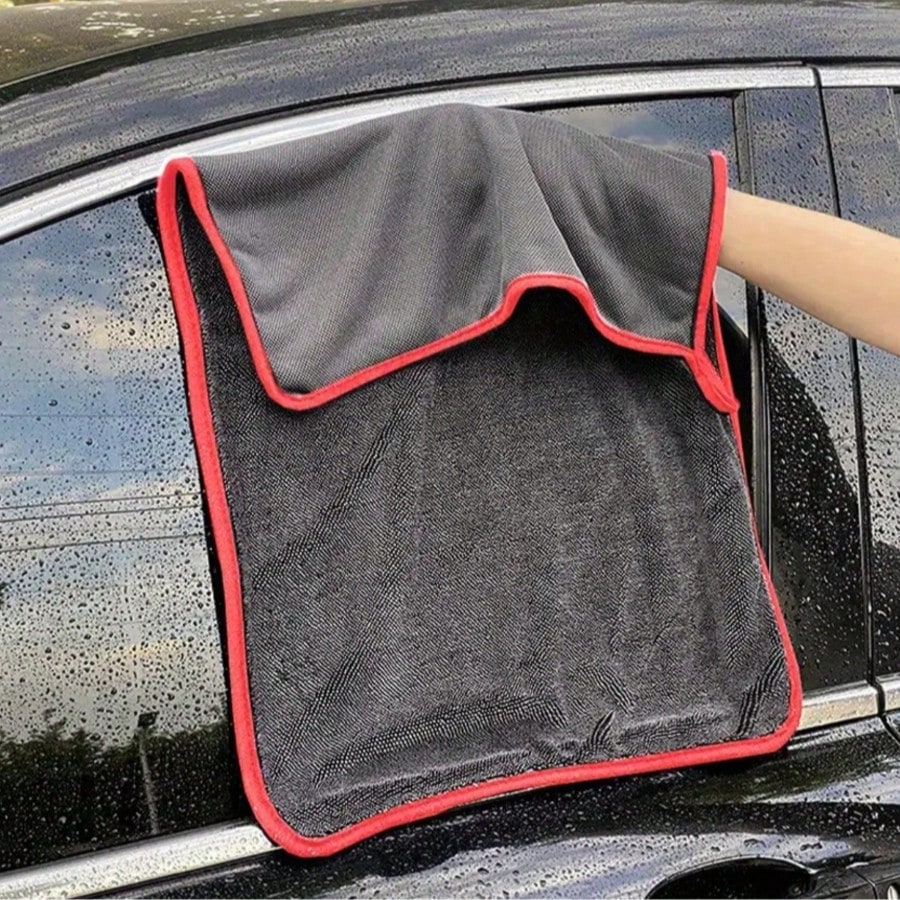 Ultra-Absorbent Microfiber Car Cleaning Cloth With Red Trim- Scratch-Resistant Paint Protection, Quick Drying Streak-Free Towel, Compact Roll-Up Design For Auto Detailing & Hygiene