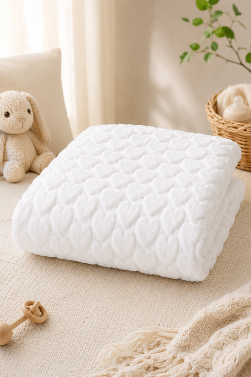 Ultra-Soft Plush Velvet Fleece Blanket with Embossed Heart Texture – Snow Hearts
