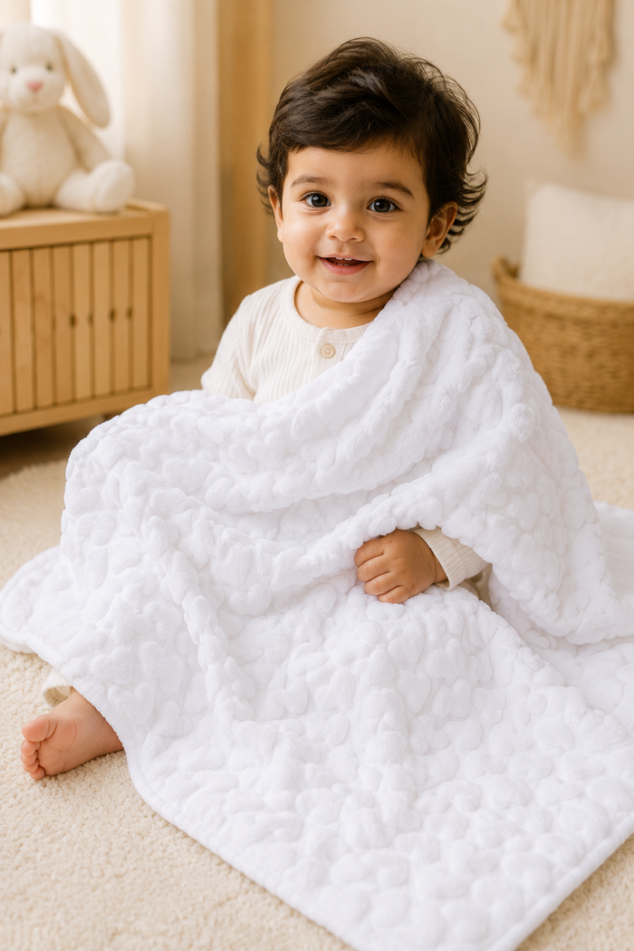 Ultra-Soft Plush Velvet Fleece Blanket with Embossed Heart Texture – Snow Hearts