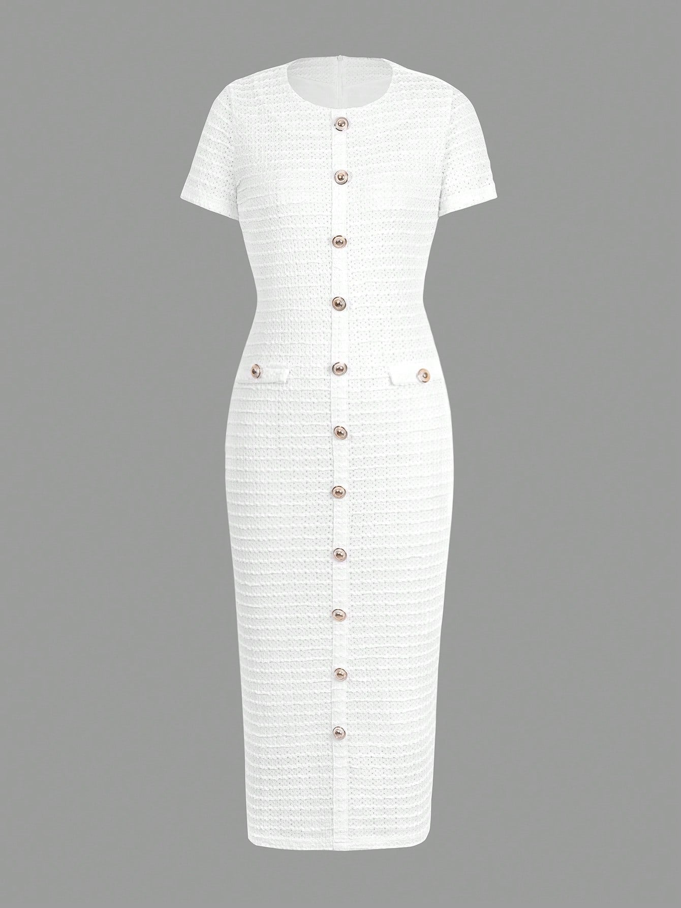 Unadoll Women Fall White Tweed Midi Dress, Short Sleeve Button Bodycon Dress With Back Slit For Birthday Party Fall Date Night Elegant Summer