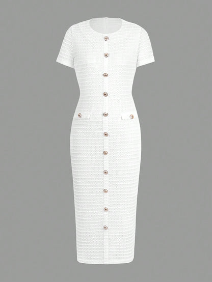 Unadoll Women Fall White Tweed Midi Dress, Short Sleeve Button Bodycon Dress With Back Slit For Birthday Party Fall Date Night Elegant Summer
