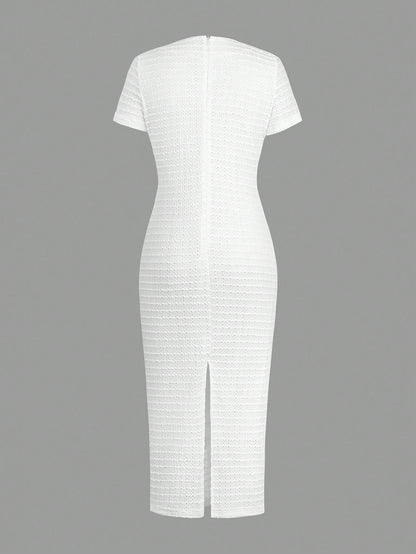 Unadoll Women Fall White Tweed Midi Dress, Short Sleeve Button Bodycon Dress With Back Slit For Birthday Party Fall Date Night Elegant Summer
