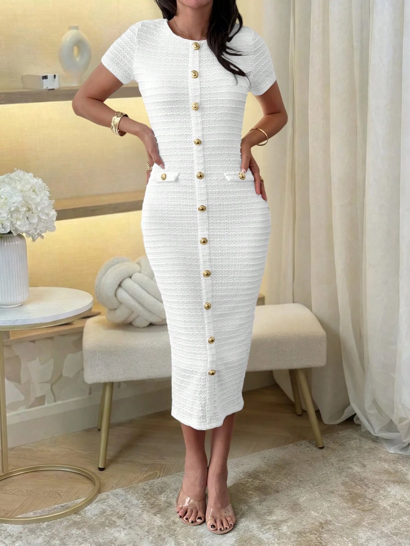 Unadoll Women Fall White Tweed Midi Dress, Short Sleeve Button Bodycon Dress With Back Slit For Birthday Party Fall Date Night Elegant Summer