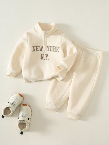 Unisex Baby Boy/Girl, Toddler Autumn/Winter Fleece Lined Thickened Casual Cute Apricot Color Stand Collar Sweatshirt Set, Baby Tracksuit, Baby Winter Clothes, Outfit Sets