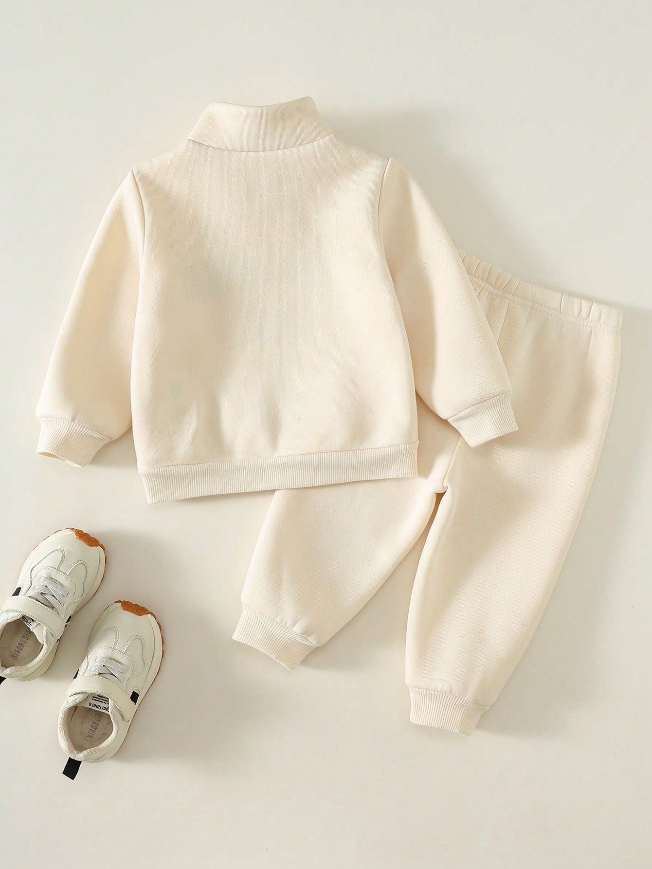 Unisex Baby Boy/Girl, Toddler Autumn/Winter Fleece Lined Thickened Casual Cute Apricot Color Stand Collar Sweatshirt Set, Baby Tracksuit, Baby Winter Clothes, Outfit Sets