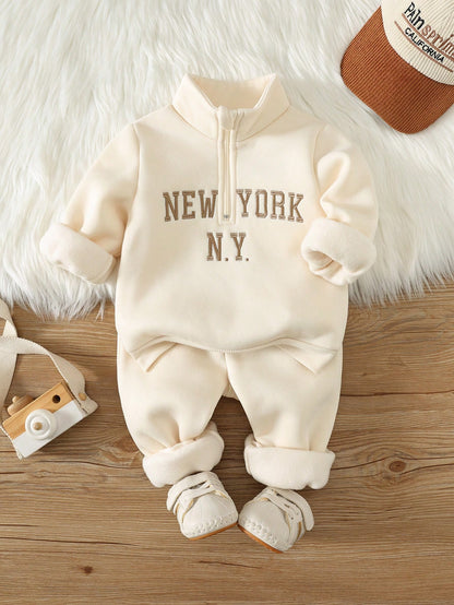 Unisex Baby Boy/Girl, Toddler Autumn/Winter Fleece Lined Thickened Casual Cute Apricot Color Stand Collar Sweatshirt Set, Baby Tracksuit, Baby Winter Clothes, Outfit Sets