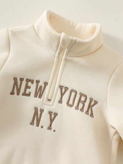 Unisex Baby Boy/Girl, Toddler Autumn/Winter Fleece Lined Thickened Casual Cute Apricot Color Stand Collar Sweatshirt Set, Baby Tracksuit, Baby Winter Clothes, Outfit Sets