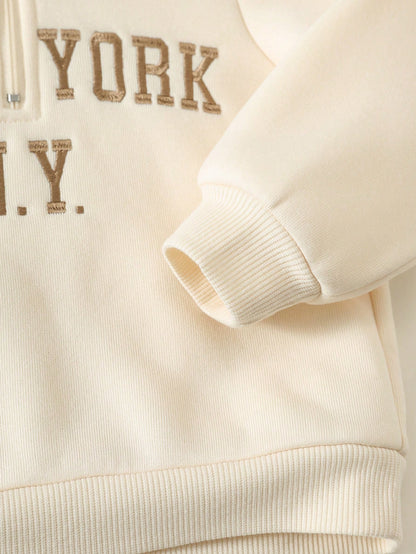 Unisex Baby Boy/Girl, Toddler Autumn/Winter Fleece Lined Thickened Casual Cute Apricot Color Stand Collar Sweatshirt Set, Baby Tracksuit, Baby Winter Clothes, Outfit Sets