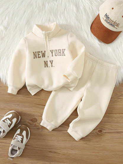 Unisex Baby Boy/Girl, Toddler Autumn/Winter Fleece Lined Thickened Casual Cute Apricot Color Stand Collar Sweatshirt Set, Baby Tracksuit, Baby Winter Clothes, Outfit Sets