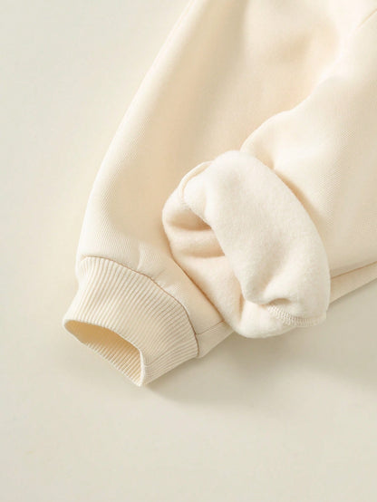 Unisex Baby Boy/Girl, Toddler Autumn/Winter Fleece Lined Thickened Casual Cute Apricot Color Stand Collar Sweatshirt Set, Baby Tracksuit, Baby Winter Clothes, Outfit Sets