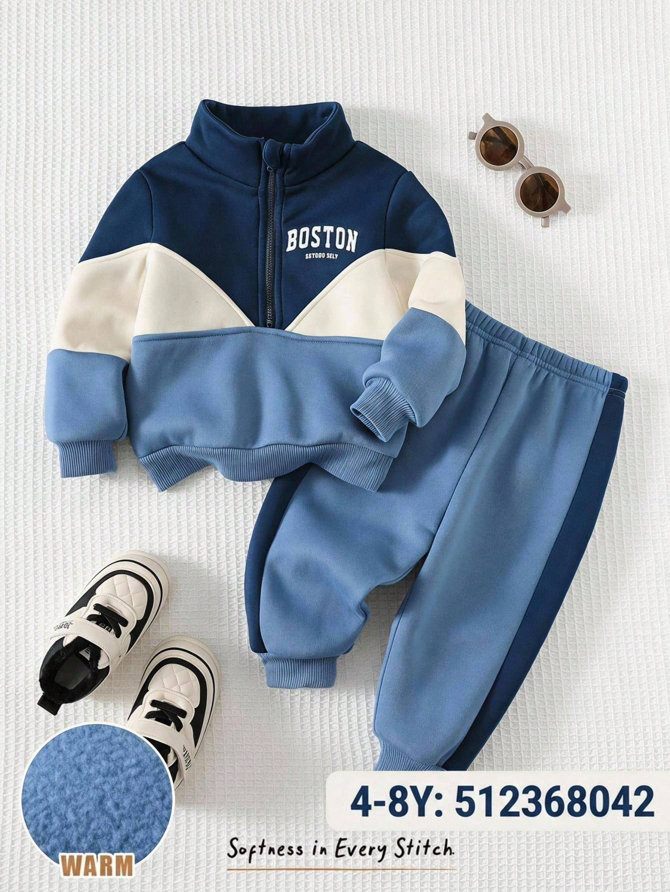 Unisex Baby Boy/Girl, Toddler Autumn/Winter Fleece Lined Thickened Casual Cute Apricot Color Stand Collar Sweatshirt Set, Baby Tracksuit, Baby Winter Clothes, Outfit Sets