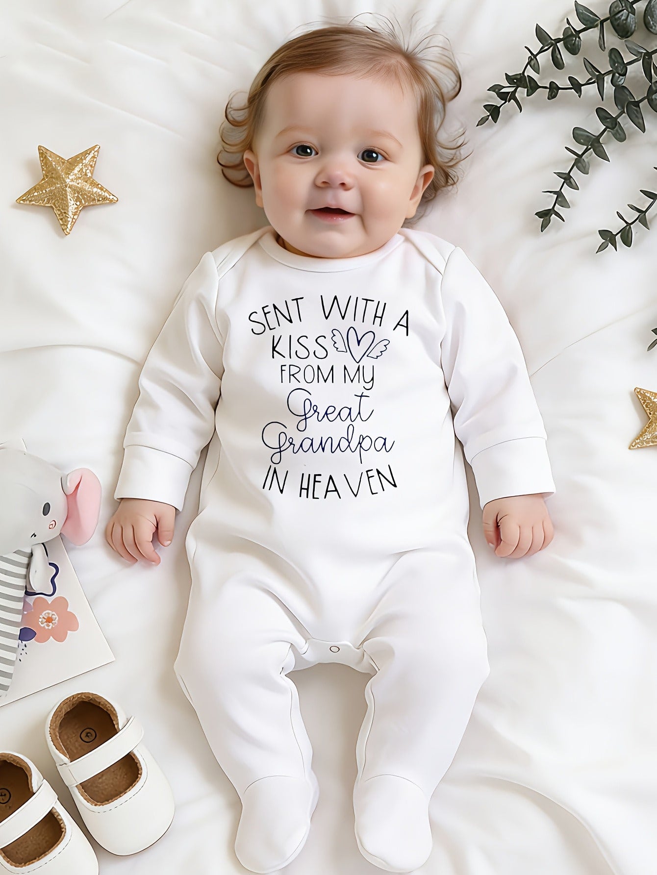 Unisex Baby Footed Romper Sent With A Kiss From Great Grandpa In Heaven Print Long Sleeve Newborn Footie Jumpsuit Infant Autumn One Piece Outfit