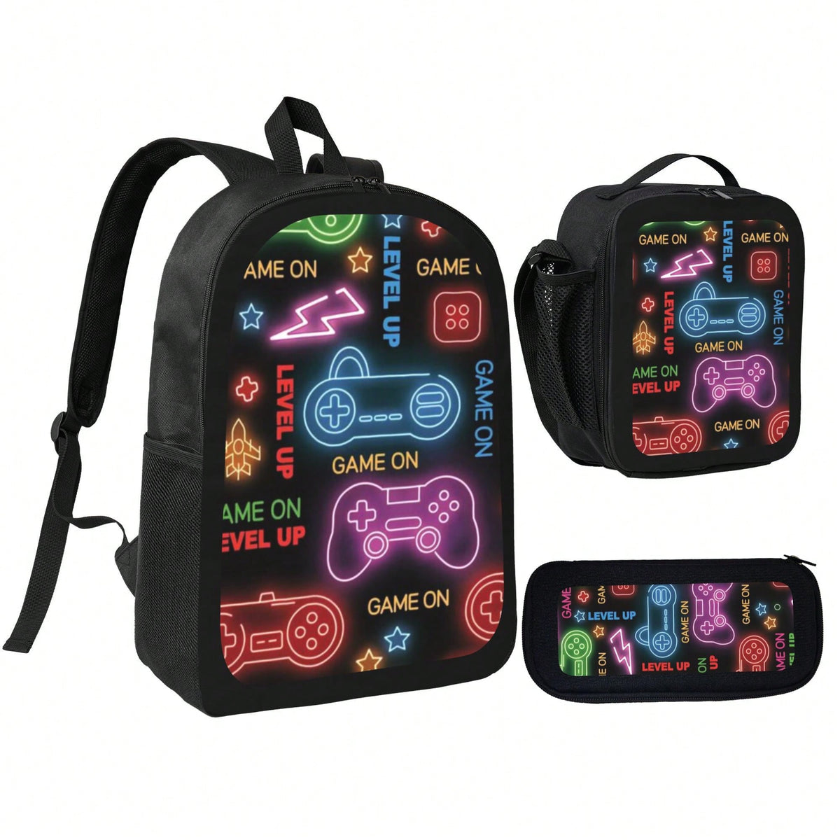 Unisex Retro Video Game Console Style Theme Pattern Printed 3PCS Backpack Set For Teens Students 600D Oxford Fabric 100% Polyester Includes Pouch And Stationery Case Lightweight Durable Must Have For
