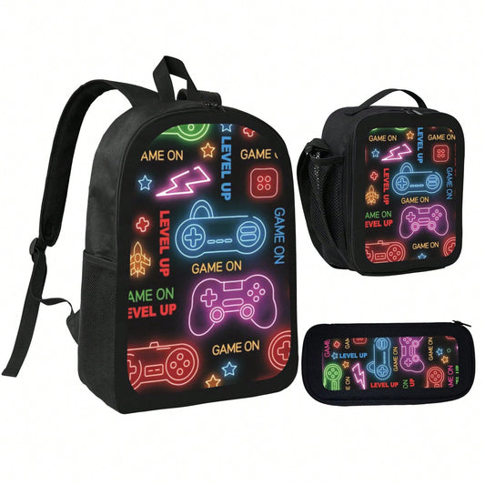Unisex Retro Video Game Console Style Theme Pattern Printed 3PCS Backpack Set For Teens Students 600D Oxford Fabric 100% Polyester Includes Pouch And Stationery Case Lightweight Durable Must Have For