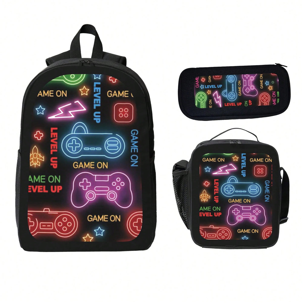 Unisex Retro Video Game Console Style Theme Pattern Printed 3PCS Backpack Set For Teens Students 600D Oxford Fabric 100% Polyester Includes Pouch And Stationery Case Lightweight Durable Must Have For