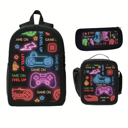 Unisex Retro Video Game Console Style Theme Pattern Printed 3PCS Backpack Set For Teens Students 600D Oxford Fabric 100% Polyester Includes Pouch And Stationery Case Lightweight Durable Must Have For