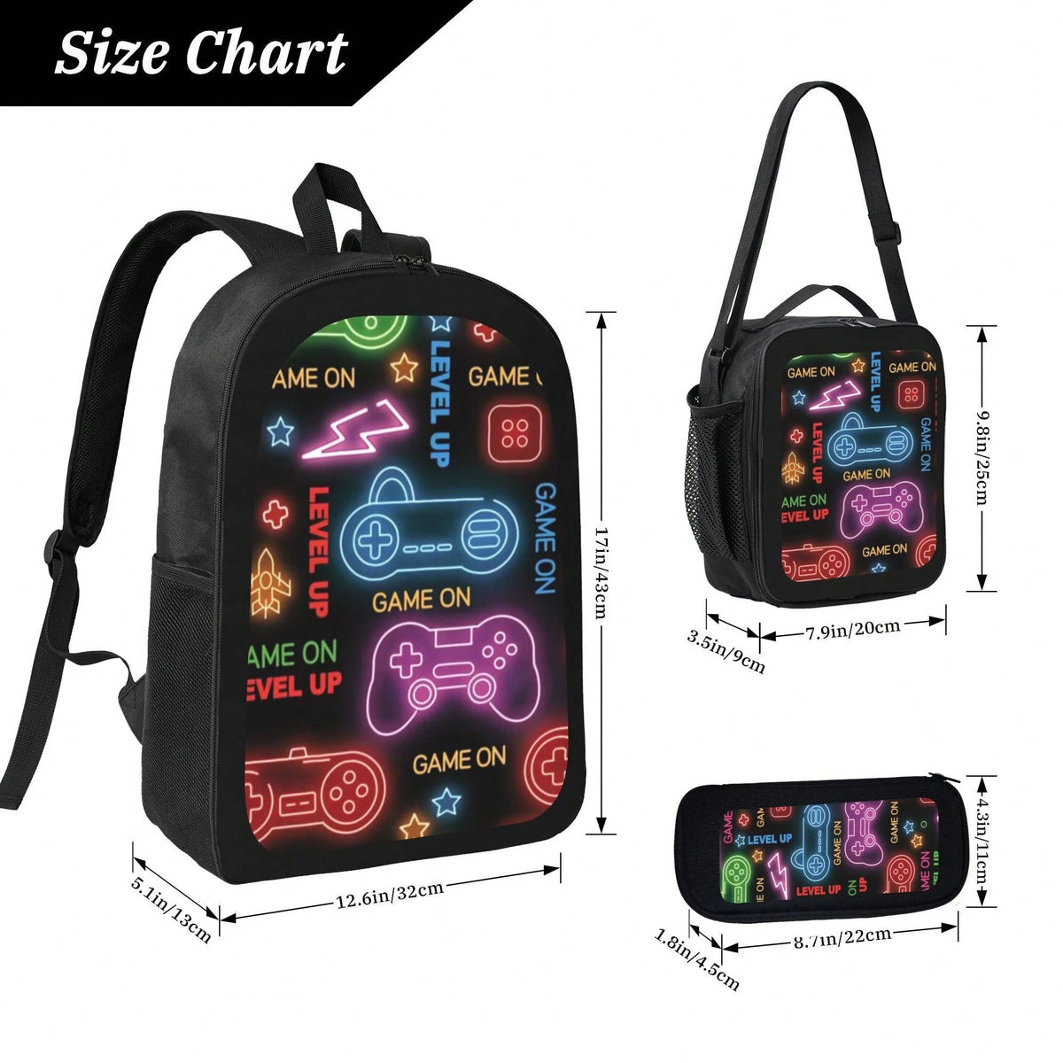 Unisex Retro Video Game Console Style Theme Pattern Printed 3PCS Backpack Set For Teens Students 600D Oxford Fabric 100% Polyester Includes Pouch And Stationery Case Lightweight Durable Must Have For