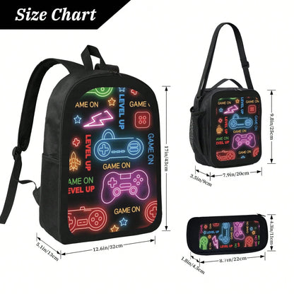 Unisex Retro Video Game Console Style Theme Pattern Printed 3PCS Backpack Set For Teens Students 600D Oxford Fabric 100% Polyester Includes Pouch And Stationery Case Lightweight Durable Must Have For