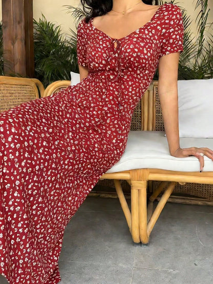 Unity Women's Ditsy Floral Tie Front Short Sleeve Elegant Vacation Dress