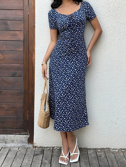 Unity Women's Ditsy Floral Tie Front Short Sleeve Elegant Vacation Dress