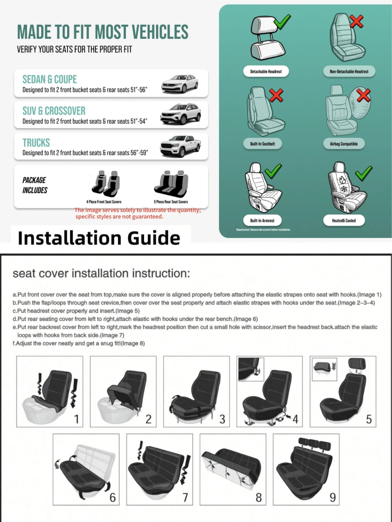Universal Car Seat Covers, 9/4pcs All-Season Protection, Fits Cars And Trucks| Airbag Compatible, Easy Installation, Sporty Front Seat Covers, Car Interior Covers, Car And Truck Accessories
