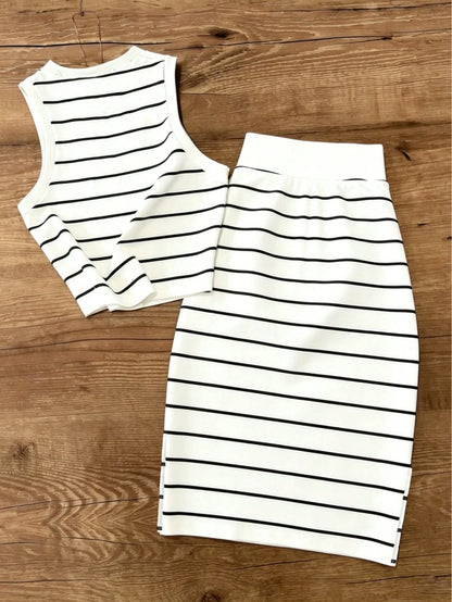 UREREM Women's Striped Contrast Color Casual Elegant Party Ribbed Slit Beach Vest And Skirt 2-Piece Set Summer, Resort Wear