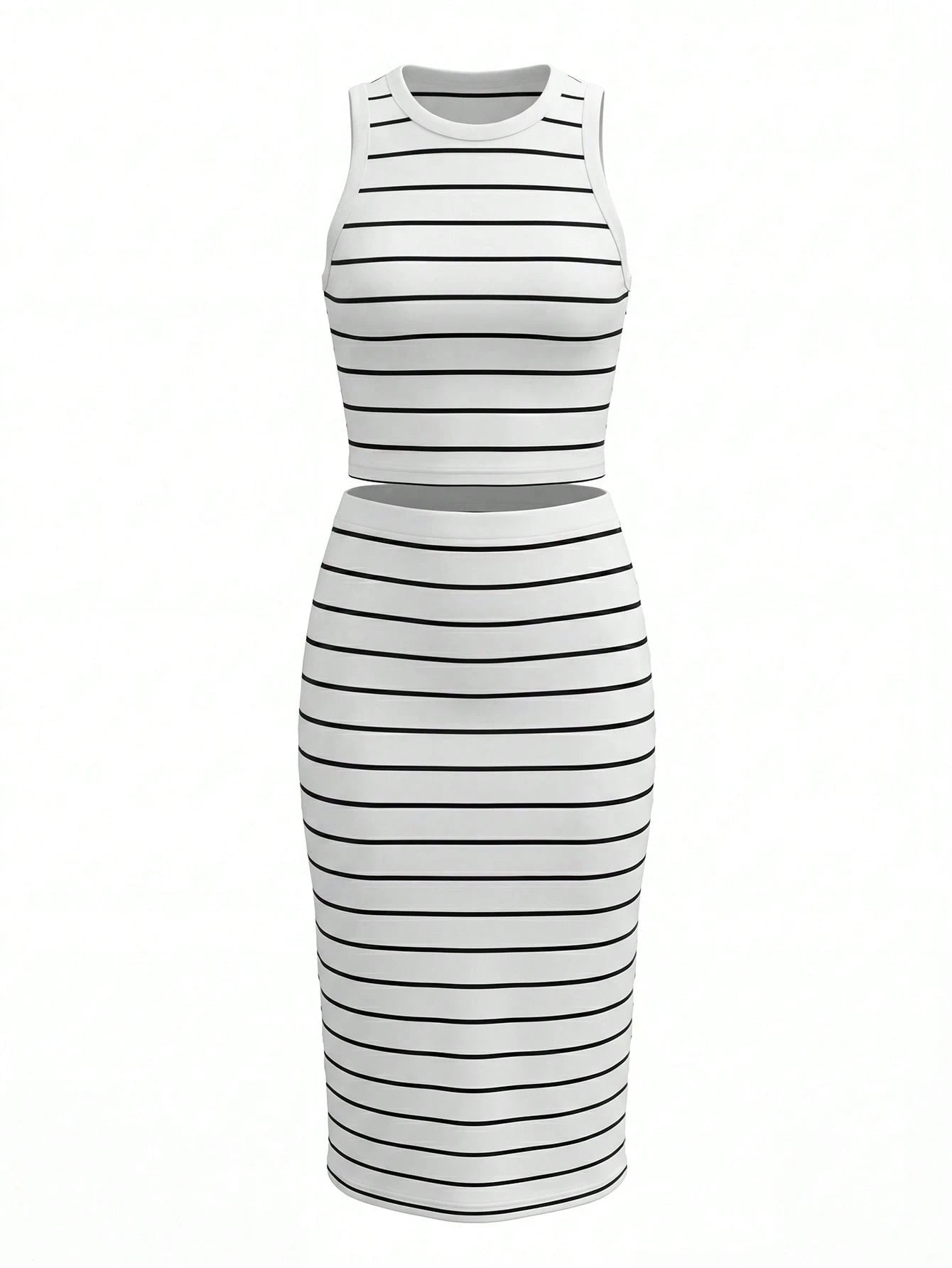 UREREM Women's Striped Contrast Color Casual Elegant Party Ribbed Slit Beach Vest And Skirt 2-Piece Set Summer, Resort Wear