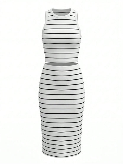 UREREM Women's Striped Contrast Color Casual Elegant Party Ribbed Slit Beach Vest And Skirt 2-Piece Set Summer, Resort Wear