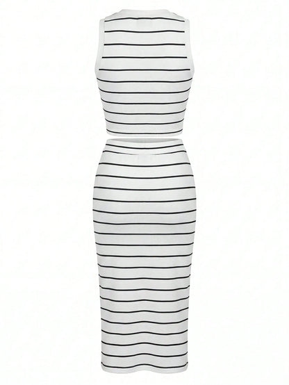 UREREM Women's Striped Contrast Color Casual Elegant Party Ribbed Slit Beach Vest And Skirt 2-Piece Set Summer, Resort Wear