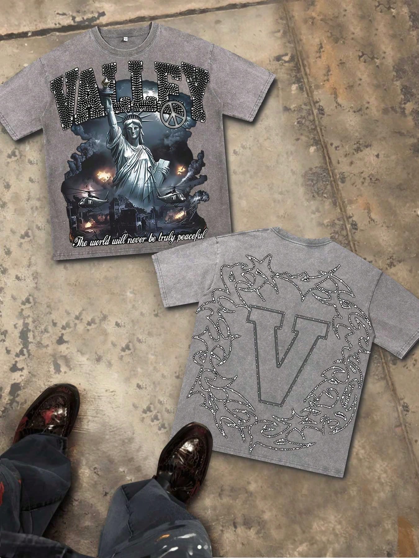 Valley Dreams Washed Pure Cotton 230g Double-Sided Printed T-Shirt Christian Style Collaboration Rock Band Print Pattern T-Shirt Street Style Pure