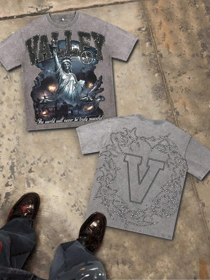 Valley Dreams Washed Pure Cotton 230g Double-Sided Printed T-Shirt Christian Style Collaboration Rock Band Print Pattern T-Shirt Street Style Pure