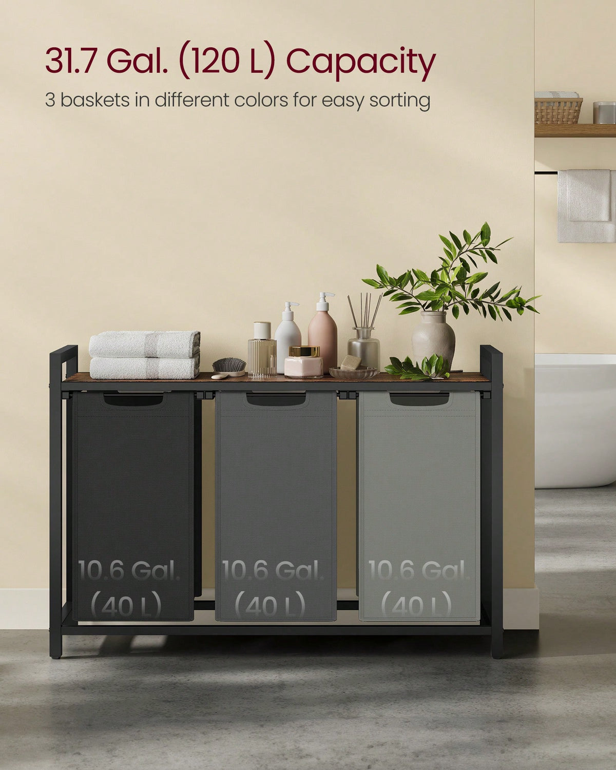 VASAGLE Laundry Hamper, Laundry Basket, Laundry Sorter With 3 Pull-Out And Removable Bags, 1 Storage Shelf, 10 Gal Capacity Per Bag, For Bathroom, Laundry Room, UBLH301