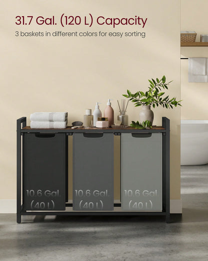 VASAGLE Laundry Hamper, Laundry Basket, Laundry Sorter With 3 Pull-Out And Removable Bags, 1 Storage Shelf, 10 Gal Capacity Per Bag, For Bathroom, Laundry Room, UBLH301